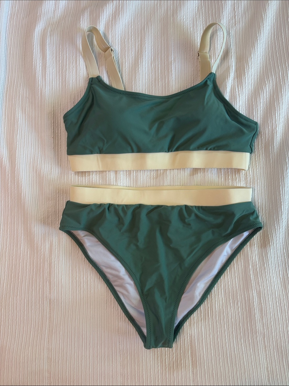 Green Two-Piece Bikini with Cream Bands